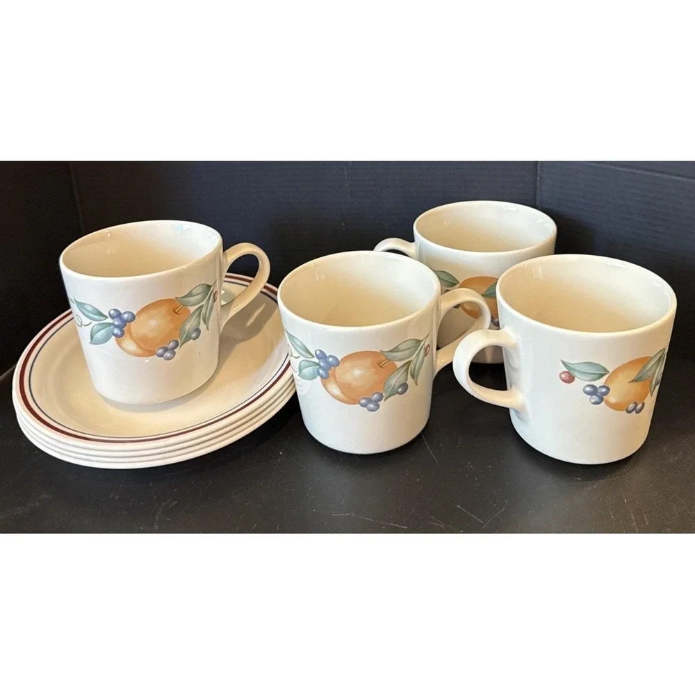 Corning Corelle Abundance Fruit Set of 4 Coffee Cups Cup Saucers‎ Plates USA